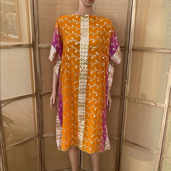 Vibrant Orange and Pink Kaftan with Gold Sequin Accents - Picture 1 of 6